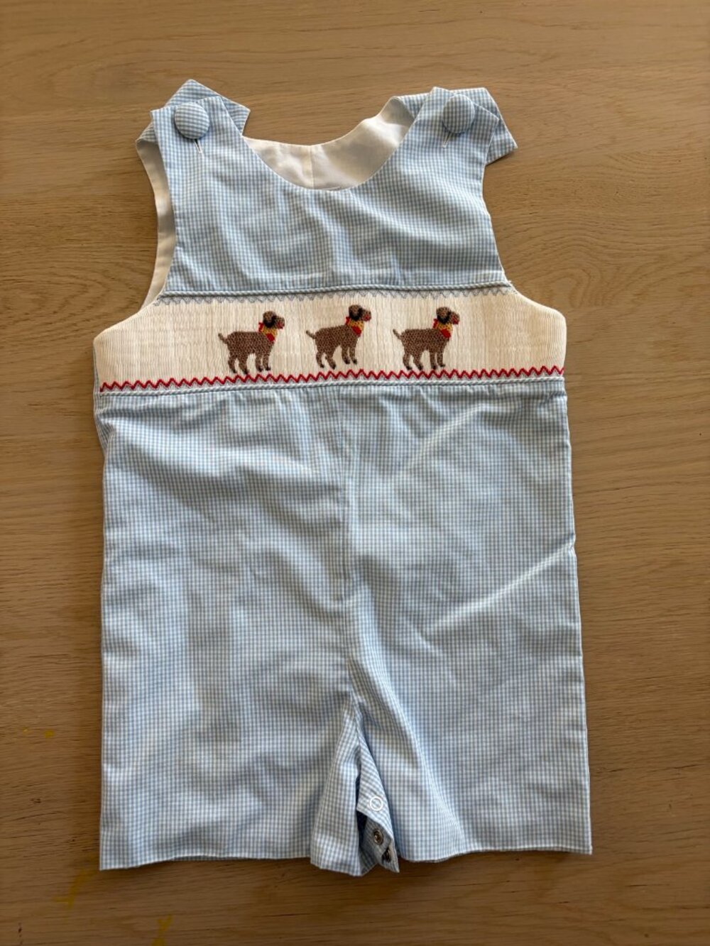 Delaney Smocked Lab Puppy Dog Jon Jon 3T Blue Gingham Boy Bobbie Brooks